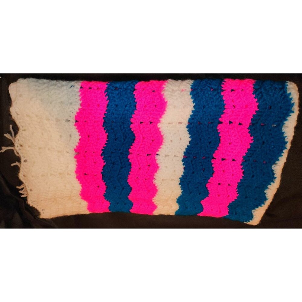 Crochet Striped Baby Blanket gPink/Blue/White With Tassels NEW 45X38